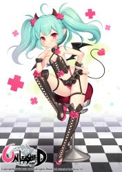 Rule 34 | 1girl, bad id, bad pixiv id, black skirt, black wings, blush, boots, bow, bustier, byulzzi, chair, character request, checkered floor, copyright name, demon girl, demon tail, demon wings, fang, fang out, floor, full body, green hair, hand on own hip, high heel boots, high heels, highres, horns, lingerie, long hair, microskirt, panties, pantyshot, pink eyes, pink panties, pointy ears, skirt, solo, tail, thigh boots, thighhighs, twintails, underwear, unleashed, upskirt, wings