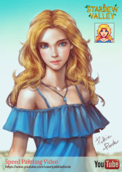 Rule 34 | 1girl, artist name, blonde hair, blue dress, closed mouth, commentary, david mccartney, dress, english commentary, english text, haley (stardew valley), highres, jewelry, jpeg artifacts, long hair, looking at viewer, necklace, off-shoulder dress, off shoulder, parted bangs, pink lips, realistic, solo, stardew valley, watermark, web address, youtube logo, youtube username