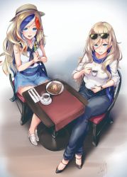 Rule 34 | 2girls, absurdres, alternate costume, black footwear, blonde hair, blue eyes, blue hair, blue scarf, blue skirt, blush, breasts, casual, chair, coffee, collared shirt, commandant teste (kancolle), crossed legs, cup, denim, eyewear on head, fork, full body, hair between eyes, hat, high heels, highres, holding, holding cup, holding saucer, jeans, kantai collection, knife, kurofude anna, long hair, looking at viewer, medium breasts, mole, mole under eye, mole under mouth, multicolored clothes, multicolored hair, multiple girls, open mouth, own hands together, pants, red hair, richelieu (kancolle), sash, saucer, scarf, shirt, sidelocks, signature, sitting, skirt, sleeveless, sleeveless shirt, smile, streaked hair, sunglasses, table, watch, white footwear, white hair, white shirt, wristband, yellow eyes
