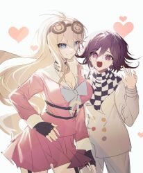 Rule 34 | 1boy, 1girl, 55779913, :3, black choker, blonde hair, blue eyes, breasts, buttons, checkered clothes, checkered scarf, choker, cleavage, commentary request, danganronpa (series), danganronpa v3: killing harmony, fingerless gloves, flipped hair, gloves, goggles, goggles on head, grin, hair between eyes, hand on own hip, heart, iruma miu, large breasts, long hair, looking at another, oma kokichi, open mouth, pink skirt, pleated skirt, purple eyes, purple hair, scarf, short hair, sidelighting, simple background, sketch, skirt, smile, standing, upper body, white background