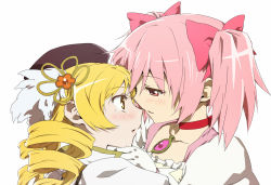 Rule 34 | 10s, 2girls, bad id, bad pixiv id, beret, blonde hair, blush, bow, choker, drill hair, eye contact, feathers, gem, gloves, grabbing another&#039;s chin, hair bow, hair ornament, hairclip, hand on another&#039;s chin, happy tears, hat, imminent kiss, kaname madoka, looking at another, magical girl, mahou shoujo madoka magica, mahou shoujo madoka magica (anime), multiple girls, official style, pink eyes, pink hair, pride chicken, profile, puffy sleeves, red eyes, short hair, simple background, smile, tears, tomoe mami, twin drills, twintails, upper body, yellow eyes, yuri