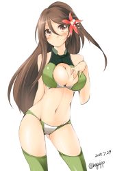 Rule 34 | 10s, 1girl, 2015, alternate costume, amagi (kancolle), arm behind back, bare shoulders, bikini, breasts, brown eyes, brown hair, cleavage cutout, clothing cutout, contrapposto, cowboy shot, dated, female focus, flower, green bikini, green thighhighs, hair between eyes, hair flower, hair ornament, halterneck, hand on own chest, highres, kaminagi (kaminagi-tei), kantai collection, large breasts, long hair, looking at viewer, mole, mole under eye, navel, ponytail, simple background, skindentation, solo, standing, stomach, swimsuit, thighhighs, twitter username, white background