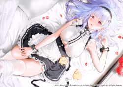 Rule 34 | 1girl, :o, apron, arm up, armpits, azur lane, bare arms, bare shoulders, black skirt, blanket, breasts, clothing cutout, dido (azur lane), earrings, frilled shirt, frills, hair spread out, hairband, highres, jewelry, large breasts, long hair, looking at viewer, lying, maid, maid apron, manjuu (azur lane), mery (yangmalgage), on back, on bed, open mouth, panties, panty peek, petals, pillow, pink eyes, shirt, skindentation, skirt, sleeveless, sleeveless shirt, solo, thighhighs, thighs, underboob, underboob cutout, underbust, underwear, watermark, white hair, white panties, white shirt, white thighhighs