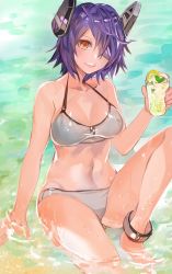 Rule 34 | 1girl, :d, bare shoulders, bikini, breasts, brown eyes, commentary request, cup, drinking glass, eyepatch, food, fruit, grey bikini, halterneck, headgear, highres, holding, holding cup, kantai collection, knee up, large breasts, lemon, lemon slice, looking at viewer, navel, ocean, one eye covered, open mouth, purple hair, rioka (southern blue sky), round teeth, short hair, sitting, smile, soaking feet, solo, swimsuit, teeth, tenryuu (kancolle)