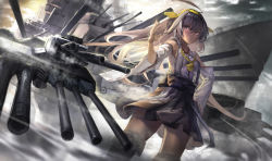 Rule 34 | 10s, 1girl, ahoge, battleship, boots, brown eyes, brown hair, detached sleeves, ghostas, hand on own hip, headgear, highres, historical name connection, imperial japanese navy, kantai collection, kongou (battleship), kongou (kancolle), military, military vehicle, name connection, nontraditional miko, object namesake, personification, ship, skirt, smoke, solo, standing, thigh boots, thighhighs, warship, watercraft