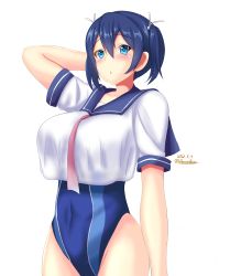 1girl, blue eyes, blue hair, blue sailor collar, blue swimsuit, commentary request, competition swimsuit, cowboy shot, dated, highres, kantai collection, montemasa, necktie, one-piece swimsuit, pink neckwear, sailor collar, sailor shirt, school uniform, serafuku, shirt, short hair, simple background, solo, souryuu (kancolle), swimsuit, swimsuit under clothes, twintails, twitter username, white background