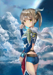Rule 34 | &gt;:&lt;, 1girl, :&lt;, absurdres, armor, ass, bad id, bad pixiv id, blue shorts, blue sky, blush, bracelet, breasts, brown hair, closed mouth, cloud, cloudy sky, commentary, cowboy shot, day, diffraction spikes, flat ass, from side, frown, glint, hair between eyes, hand up, highres, horns, jewelry, long sleeves, looking at viewer, looking to the side, medium breasts, motion blur, personification, planet, scarf, shiny clothes, short hair, short shorts, short twintails, shorts, signature, sky, solo, sparkle, standing, taro (ultrataro), thumb to cheek, twintails, ultra series, ultraman zero, v-shaped eyebrows, white scarf, wind, yellow eyes