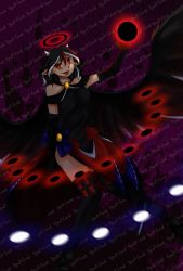 Rule 34 | aged up, aimturein, angel, bare shoulders, black dress, black thighhighs, black wings, collaboration, dress, elbow gloves, gloves, grey horns, halo, horns, kijin seija, seijathekyuubi, side slit, solo, thighhighs, touhou, wings