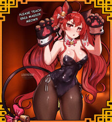 Rule 34 | 1girl, absurdres, ahoge, anger vein, animal ears, animal hands, bell, black leotard, blurry, blurry background, blush, breasts, brown dust 2, brown thighhighs, cat ears, cat paws, cat tail, cleavage, collar, covered navel, english text, eris greyrat, fake animal ears, fake tail, feet out of frame, gluteal fold, hair between eyes, highres, jerbeartraveler, jingle bell, large breasts, leotard, long hair, looking at viewer, mushoku tensei, pantyhose, paw pose, pink ribbon, red eyes, red hair, ribbon, short eyebrows, solo, speech bubble, tail, tail bell, tail ornament, tail ribbon, thick thighs, thighhighs, thighs, very long hair, white collar