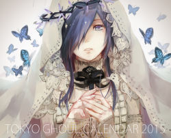 Rule 34 | 10s, 1girl, bug, butterfly, christmas lights, detached sleeves, dress, fuurin, hair over one eye, bug, kirishima touka, looking at viewer, purple hair, short hair, sleeves past wrists, solo, tokyo ghoul, veil, wedding dress, white background