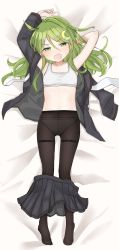 Rule 34 | 1girl, ahoge, arm behind head, arms up, bed sheet, black pantyhose, black skirt, blush, clothes pull, commission, crescent, crescent hair ornament, emirio (emirio110), fang, flat chest, from above, full body, green eyes, green hair, hair between eyes, hair ornament, half-closed eyes, highres, kantai collection, long hair, long sleeves, looking at viewer, lying, nagatsuki (kancolle), on back, on bed, open clothes, open mouth, pantyhose, pleated skirt, school uniform, skeb commission, skin fang, skirt, skirt pull, solo, sports bra, thighband pantyhose