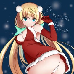 Rule 34 | 1girl, angela balzac, ass, bare shoulders, blonde hair, blue eyes, blush, breasts, christmas, dress, elbow gloves, from behind, gloves, hair ornament, leaning, leaning forward, long hair, looking at viewer, low twintails, panties, rakuen tsuihou, santa costume, shizma, snow, solo, thong, twintails, underwear, very long hair