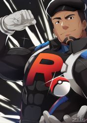 Rule 34 | 1boy, black eyes, black hat, cliff (pokemon), closed mouth, commentary, covered abs, creatures (company), flexing, game freak, gloves, grey gloves, hat, highres, looking at viewer, male focus, muscular, nintendo, poke ball, poke ball (basic), pokemon, pokemon go, short hair, skin tight, smile, solo, zifu