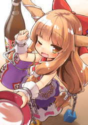 Rule 34 | 1girl, blush, bottle, bow, brown hair, chain, commentary request, cube, cup, fang, gourd, hair bow, highres, holding, horns, ibuki suika, kareya, long hair, looking at viewer, one eye closed, open mouth, purple skirt, red bow, sakazuki, shirt, skin fang, skirt, smile, solo, touhou, white shirt, wrist cuffs