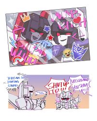 Rule 34 | annoyed, arrow (symbol), cellphone, chinese commentary, decepticon, emoji, english text, fang, glint, holding, holding phone, looking at viewer, open mouth, phone, rainbow, red eyes, shaded face, shouting, skin fang, skywarp, smartphone, smile, sparkle, starscream, thought bubble, thundercracker, transformers, transformers: generation 1, uchikaze