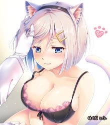 Rule 34 | 10s, 1girl, animal ears, bare shoulders, black bra, blue eyes, blush, bra, breasts, cat ears, cat tail, cleavage, collarbone, frilled bra, frills, gloves, haguda tofu (hakudatofu), hair ornament, hairband, hairclip, hamakaze (kancolle), hand on another&#039;s head, heart, kantai collection, kemonomimi mode, large breasts, looking to the side, midriff, paw print, headpat, short hair, silver hair, simple background, solo focus, tail, underwear, upper body, wavy mouth