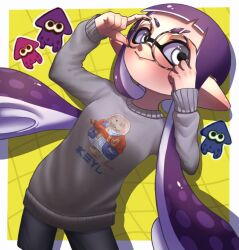 Rule 34 | 1girl, black shorts, border, closed mouth, commentary, eyebrow cut, fuai 111, glasses, grey eyes, grey sweater, inkling, inkling girl, inkling player character, long hair, nintendo, outside border, pointy ears, print sweater, purple hair, round eyewear, shorts, smile, solo, splatoon (series), sweater, symbol-only commentary, tentacle hair, thick eyebrows, very long hair, white border, yellow background