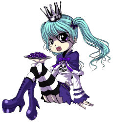 Rule 34 | 1girl, :d, black thighhighs, boots, cosplay, crown, food, fruit, garter straps, grapes, green hair, high heels, looking at viewer, one piece, open mouth, perona, perona (cosplay), plate, pupupu, sitting, skirt, smile, solo, striped clothes, striped thighhighs, sugar (one piece), thighhighs, twintails, white thighhighs