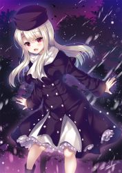 Rule 34 | 1girl, :d, blush, boots, capelet, commentary request, dress, fate/stay night, fate (series), fingernails, frilled skirt, frills, fur hat, hair between eyes, hat, highres, illyasviel von einzbern, light brown hair, long hair, long sleeves, looking at viewer, open mouth, outdoors, papakha, pleated skirt, purple capelet, purple dress, purple footwear, purple hat, red eyes, skirt, smile, snowing, solo, suzunone rena, very long hair, white skirt