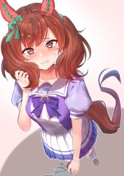 Rule 34 | 1girl, animal ears, blush, bow, bowtie, brown eyes, brown hair, clothes grab, cosplay, crying, crying with eyes open, ear covers, embarrassed, foreshortening, full body, horse ears, horse girl, horse tail, horseshoe ornament, looking at viewer, miniskirt, nice nature (umamusume), pleated skirt, pov, pov hands, puffy short sleeves, puffy sleeves, purple bow, purple bowtie, purple shirt, sailor collar, sailor shirt, scared, school uniform, serafuku, shirt, short sleeves, skirt, sleeve grab, solo, summer uniform, swept bangs, tail, tears, thighhighs, tracen school uniform, twintails, umamusume, white skirt, white thighhighs, yaa-kun