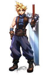 Rule 34 | 1990s (style), 1boy, armor, bad id, bad tumblr id, baggy pants, belt, blonde hair, blue eyes, brown gloves, buster sword, cloud strife, final fantasy, final fantasy vii, frown, full body, gloves, huge weapon, male focus, muscular, pants, pauldrons, planted, planted sword, planted weapon, retro artstyle, robaato, short hair, shoulder armor, sleeveless, sleeveless turtleneck, solo, spiked hair, square enix, suspenders, sword, turtleneck, weapon