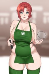 Rule 34 | 1girl, absurdres, alternate costume, apron, aqua eyes, barista, boudica (fate), breasts, cup, disposable cup, fate/grand order, fate (series), green apron, highres, holding, holding cup, holding marker, huge breasts, iced latte with breast milk (meme), marker, meme, naked apron, nohohon pictures, red hair, short ponytail, solo, starbucks, thighhighs