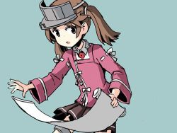 Rule 34 | 10s, 1girl, brown eyes, brown hair, commentary, hair tie, japanese clothes, kantai collection, kariginu, magatama, miniskirt, open mouth, pleated skirt, ryuujou (kancolle), scroll, sixten, skirt, solo, twintails, visor cap