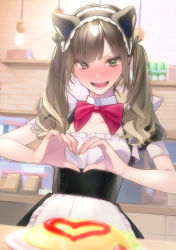 Rule 34 | 1girl, absurdres, animal ears, blush, bow, bowtie, brown eyes, brown hair, cat ears, commentary request, fake animal ears, food, hairband, heart, heart hands, highres, indoors, ketchup, kitchen, long hair, looking at viewer, maid, omelet, omurice, open mouth, original, puffy short sleeves, puffy sleeves, red bow, red bowtie, rinku (rin9), short sleeves, solo, twintails