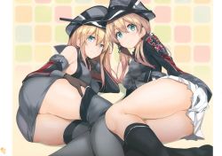 Rule 34 | 10s, 2girls, absurdres, anchor hair ornament, ass, bare shoulders, bismarck (kancolle), black ribbon, black skirt, black socks, blonde hair, blue eyes, blush, brown gloves, covering privates, covering ass, cross, detached sleeves, gintarou (kurousagi108), gloves, green eyes, grey legwear, hair ornament, hat, highres, iron cross, kantai collection, kneehighs, long hair, long sleeves, looking at viewer, low twintails, lying, microskirt, military, military hat, military uniform, multiple girls, on side, peaked cap, prinz eugen (kancolle), ribbon, scan, skirt, smile, socks, tareme, thighhighs, tsurime, twintails, uniform, white gloves