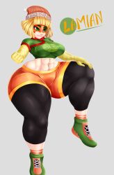 Rule 34 | 1girl, abs, absurdres, arms (game), blonde hair, breasts, curvy, female focus, full body, green eyes, hat, highres, large breasts, mask, min min (arms), muscular, muscular female, navel, short hair, solo, theomegagod, thick thighs, thighs, wide hips