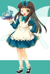 Rule 34 | 1girl, apron, black hair, dress, eastern and little nature deity, female focus, full body, hair ribbon, long hair, maid, maid apron, mary janes, michii yuuki, one eye closed, ribbon, shoes, socks, solo, star sapphire, touhou, touhou sangetsusei, tray, white background, wings, wink, yellow eyes