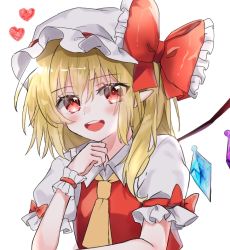 Rule 34 | 1girl, :d, ascot, bad id, bad pixiv id, blonde hair, blush, bow, breasts, commentary request, crystal, eyes visible through hair, flandre scarlet, frilled bow, frilled shirt collar, frills, hair between eyes, hand on own chin, hand up, hat, hat bow, heart, looking at viewer, mob cap, one side up, open mouth, pointy ears, puffy short sleeves, puffy sleeves, red bow, red eyes, shinonome (ichigotsuki), short hair, short sleeves, simple background, small breasts, smile, solo, teeth, touhou, upper body, upper teeth only, white background, white hat, wings, wrist cuffs, yellow ascot