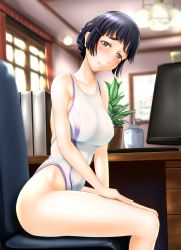 Rule 34 | 1girl, black hair, book, bottle, brown eyes, chair, competition swimsuit, feet out of frame, hair bun, head tilt, highleg, highleg swimsuit, highres, kantai collection, kauchoro (namikazemakase), long hair, looking at viewer, monitor, myoukou (kancolle), one-piece swimsuit, plant, single hair bun, sitting, solo, swimsuit, thick eyebrows, white one-piece swimsuit