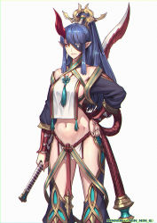 Rule 34 | 1girl, absurdres, armor, bare shoulders, breasts, cleavage, eyepatch, hand on own hip, highres, holding, holding sword, holding weapon, horns, huge filesize, long hair, makeup, mole, mole under mouth, navel, ninnin (shishitou), oni, orange eyes, original, parted lips, pointy ears, ponytail, reverse grip, shiny skin, sideboob, simple background, solo, sword, vambraces, weapon, white background