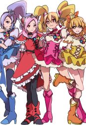 Rule 34 | 4girls, aono miki, black choker, black pantyhose, black thighhighs, blonde hair, blue choker, blue dress, blue footwear, boots, bow, brown footwear, choker, commentary, cure berry, cure passion, cure peach, cure pine, dress, fresh precure!, frilled dress, frills, hair ornament, heart, heart hair ornament, higashi setsuna, high heel boots, high heels, highres, knee boots, looking at viewer, magical girl, momozono love, multiple girls, one eye closed, open mouth, orange choker, pantyhose, pink choker, pink dress, pink footwear, pink hair, precure, purple hair, red dress, sekiguchi (mitemite mitene), side ponytail, sidelocks, simple background, smile, standing, thighhighs, twintails, white background, yamabuki inori, yellow dress