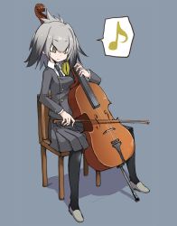 Rule 34 | 10s, 1girl, alternate costume, bad id, bad twitter id, black necktie, black pantyhose, bow (music), cello, chair, commentary request, contemporary, full body, green eyes, grey background, grey hair, grey shirt, grey skirt, instrument, kemono friends, long sleeves, low ponytail, multicolored hair, music, musical note, necktie, pantyhose, playing instrument, pleated skirt, serious, shirt, shoebill (kemono friends), side ponytail, simple background, sitting, skirt, solo, spoken musical note, tansuke