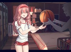 Rule 34 | 1boy, 1girl, :d, absurdres, ball, basketball, basketball (object), carton, collarbone, commission, crack of light, drill hair, flat chest, giving, hair between eyes, hairband, hands up, highres, holding, holding ball, indoors, jewelry, long hair, one eye closed, open mouth, orange eyes, original, pink hair, popopoka, red hairband, red shorts, ring, room, shirt, short shorts, short sleeves, shorts, smile, smug, solo focus, storage room, teeth, upper teeth only, white shirt