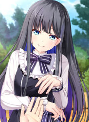 Rule 34 | 1girl, aqua eyes, black bow, black dress, black hair, blunt bangs, blurry, blurry background, blush, bow, closed mouth, colored inner hair, commentary request, day, dress, eyebrows hidden by hair, eyelashes, fingernails, frilled sleeves, frills, hand up, head tilt, highres, houkago cinderella, imminent hand holding, kurumai mikuru, long hair, long sleeves, looking at viewer, multicolored hair, outdoors, pov, pov hands, purple hair, reaching, reaching towards viewer, sleeveless, sleeveless dress, smile, solo, split mouth, straight-on, straight hair, very long hair, xiexianglg