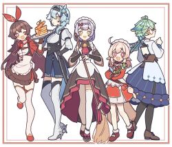 Rule 34 | 5girls, :d, adapted costume, ahoge, amber (genshin impact), animal ears, ascot, black dress, black pantyhose, black thighhighs, blonde hair, blue hair, blue skirt, blush, boots, bow, braid, broom, brown corset, brown eyes, brown hair, corset, dodoco (genshin impact), dress, eula (genshin impact), floppy ears, food, genshin impact, glasses, green eyes, green hair, grey hair, hair bow, high heels, holding, holding broom, klee (genshin impact), low ponytail, low twintails, maid day, maid headdress, multiple girls, noelle (genshin impact), open mouth, pancake, pancake stack, pantyhose, red ascot, red bow, red dress, red eyes, red footwear, shoes, skirt, smile, sucrose (genshin impact), thigh boots, thighhighs, twintails, vision (genshin impact), waa (wawawaa1005), white dress, white footwear, white thighhighs, yellow eyes
