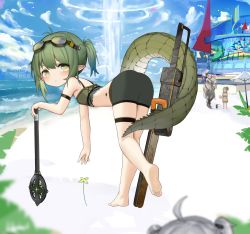 Rule 34 | 1boy, 3girls, aged down, ahoge, arknights, ass, bare shoulders, barefoot, bent over, bike shorts, black shorts, blue sky, child, cloud, commentary request, crocodilian tail, crop top, day, elysium (arknights), gavial (arknights), gavial the invincible (arknights), goggles, goggles on head, green eyes, green flower, green hair, highres, kuroshiroemaki, multiple girls, outdoors, pointy ears, ponytail, short shorts, shorts, sidelocks, skindentation, sky, soles, solo focus, standing, standing on one leg, tail, thigh strap, tomimi (arknights), water