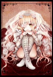 Rule 34 | 1girl, ai (creamcaramel), boots, bridal veil, cross-laced footwear, doll joints, dress, eyepatch, flower, frills, joints, kirakishou, long hair, long sleeves, own hands together, rose, rozen maiden, sitting, smile, solo, tiara, veil, yellow eyes