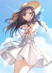 Rule 34 | 1girl, arm up, black hair, blue bow, blush, bow, brown eyes, brown hair, cloud, cloudy sky, contrail, cowboy shot, day, dress, floating hair, hat, hat bow, highres, holding, holding clothes, holding hat, long hair, looking at viewer, morikura en, original, outdoors, outstretched arm, sky, smile, solo, sun hat, sundress, teeth, thighs, white dress
