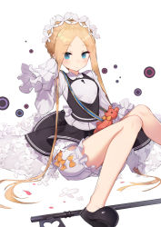 Rule 34 | 1girl, abigail williams (fate), abigail williams (festival outfit) (fate), black dress, black footwear, blonde hair, bloomers, blue eyes, blush, bow, bow bloomers, braid, breasts, butterfly hair ornament, closed mouth, commentary request, dress, fate/grand order, fate (series), forehead, hair ornament, hand up, highres, jehyun, keyhole, long sleeves, official alternate costume, orange bow, parted bangs, shirt, shoe soles, shoes, sitting, sleeveless, sleeveless dress, sleeves past fingers, sleeves past wrists, small breasts, smile, solo, stuffed animal, stuffed toy, teddy bear, underwear, white background, white bloomers, white shirt