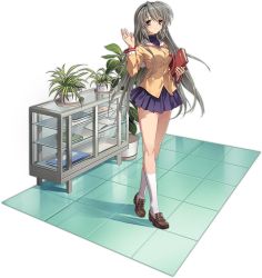 Rule 34 | 1girl, ark order, artist request, black hairband, blue eyes, blue skirt, blue sweater, book, breasts, brown footwear, buttons, clannad, closed mouth, full body, grey hair, hairband, hand up, holding, holding book, jacket, loafers, long hair, long sleeves, looking at viewer, official art, plant, pleated skirt, potted plant, sakagami tomoyo, shelf, shoes, sidelocks, skirt, sleeve cuffs, smile, socks, solo, sweater, tachi-e, tile floor, tiles, transparent background, turtleneck, turtleneck sweater, waving, white socks, yellow jacket