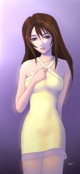 Rule 34 | 1990s (style), 1girl, bare shoulders, brown eyes, brown hair, cowboy shot, dress, expressionless, final fantasy, final fantasy viii, hand on own chest, long hair, looking at viewer, naska chijoue, purple background, retro artstyle, rinoa heartilly, simple background, sleeveless, sleeveless dress, solo, standing, yellow dress