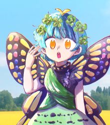 Rule 34 | 1girl, antennae, aqua hair, butterfly wings, clover, day, dress, eternity larva, fairy, four-leaf clover, green dress, highres, insect wings, kokeshi (yoi no myoujou), leaf, leaf on head, multicolored clothes, multicolored dress, open mouth, orange eyes, short hair, short sleeves, solo, touhou, upper body, wings