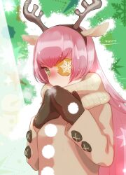 Rule 34 | 1girl, animal ear hairband, animal ears, antlers, artist name, blush, breath, brown mittens, brown sweater, buttons, christmas, colored eyepatch, commentary request, crosshair pupils, cz2128 delta, deer ears, eyepatch, fake animal ears, green background, green eyes, hairband, horns, long hair, long sleeves, looking at viewer, masiro, mittens, overlord (maruyama), pink hair, pom pom (clothes), reindeer antlers, simple background, snowflake print, snowflakes, snowman, snowman print, solo, sparkle, star (symbol), star print, sweater, symbol-shaped pupils, turtleneck, turtleneck sweater, upper body, very long hair, warming hands