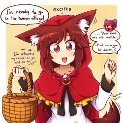 Rule 34 | 2girls, animal ear fluff, animal ears, basket, blue bow, blush, bow, brooch, brown hair, capelet, chibi, chibi inset, collarbone, english text, fang, hair bow, highres, imaizumi kagerou, jewelry, jitome, little red riding hood, little red riding hood (grimm), long sleeves, looking at viewer, multiple girls, open mouth, red eyes, sekibanki, smile, tail, tail wagging, touhou, upper body, wolf ears, wolf tail, wool (miwol)