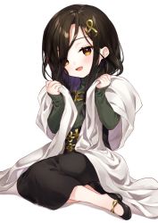 Rule 34 | 1girl, aged down, black footwear, black hair, black skirt, blush, brown eyes, commentary request, full body, green sweater, hair ornament, hair over one eye, hands up, holding, long hair, long sleeves, looking at viewer, multicolored hair, nijisanji, purple hair, ribbed sweater, shadow, shirayuki tomoe, shoes, skirt, sleeves past wrists, solo, sweater, two-tone hair, virtual youtuber, white background, yamabukiiro