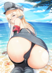 Rule 34 | 1girl, all fours, ass, beach, bismarck (kancolle), black panties, blonde hair, blue eyes, blue sky, blush, cameltoe, elbow gloves, from behind, gloves, grey thighhighs, hat, highres, kantai collection, long hair, looking at viewer, looking back, merrytail, military, military hat, military uniform, multicolored clothes, multicolored gloves, ocean, open mouth, panties, peaked cap, sky, solo, sunlight, thighhighs, underwear, uniform